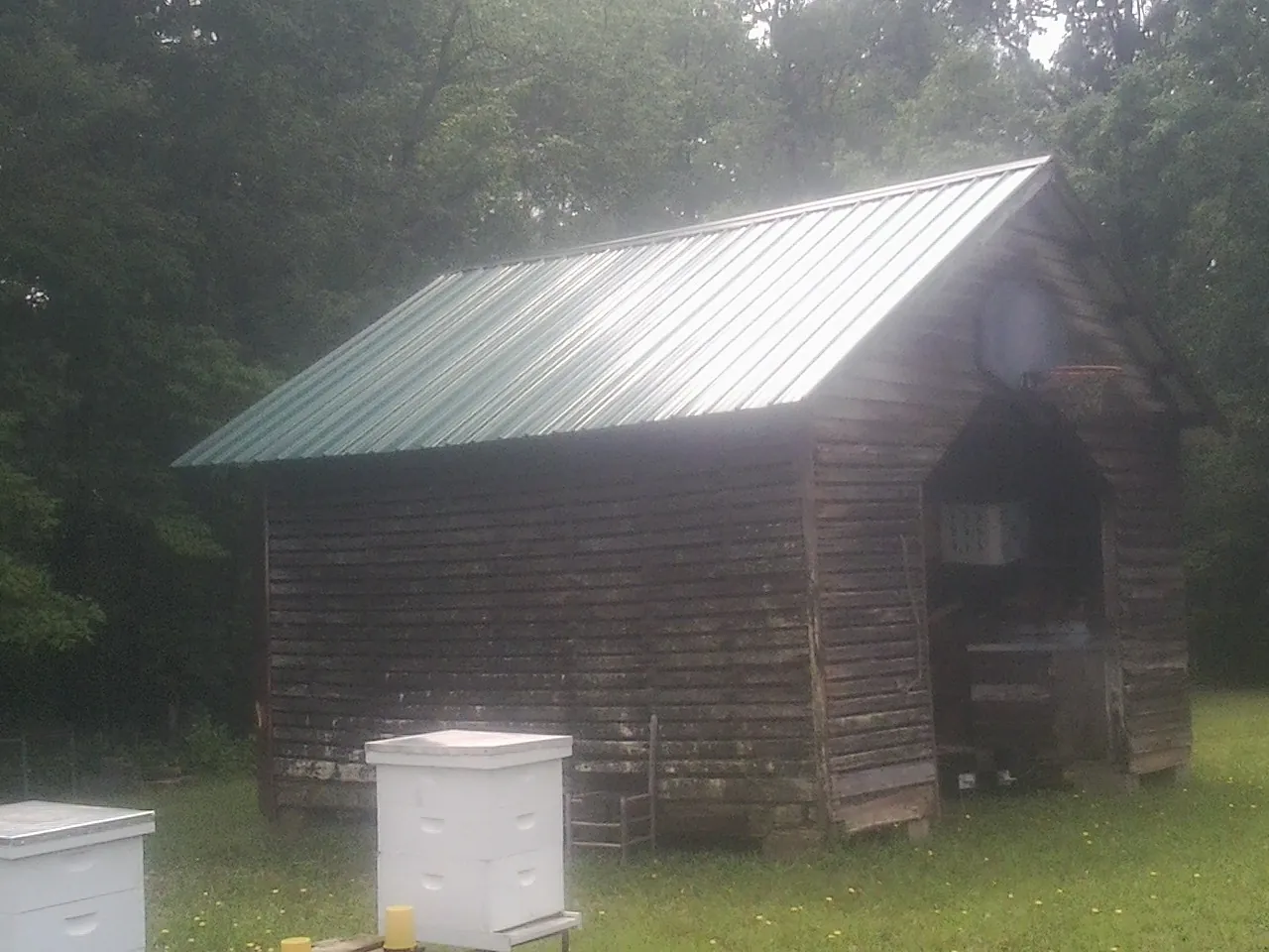 Green metal roof on a weathered barn beside stacked beehives in Paullina