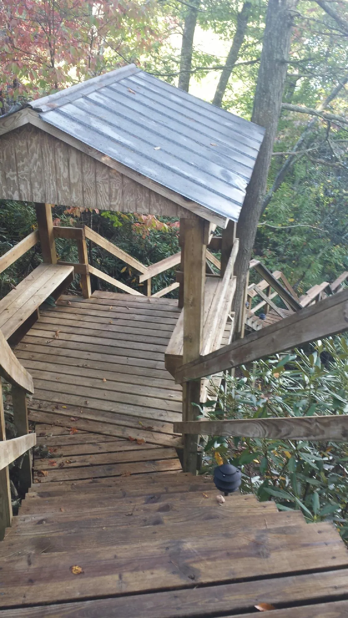 Metal roofed shelter over wooden steps on a wooded walkway — Skylight Repair & Installation work by our crew in Paullina